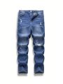 Teen Boys' Denim Jeans, Skinny Fit, Distressed Stretch Washed Jeans, Casual Fashionable Bottoms
