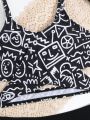 Tween Girls' Emoticon Print Cami Top & Solid Bottom Swimwear Set