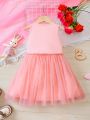SHEIN Kids QTFun Little Girls' Knitted Lovely Flamingo Pattern Patchwork Mesh Dress