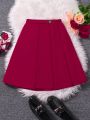 Teen Girls' Wine Red Pleated Skirt With Academia Style