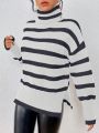 SHEIN Essnce Striped Pattern Turtleneck Split Hem Drop Shoulder Sweater