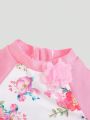 SHEIN Baby Girls' Cute Flower Pattern Color Block Short Sleeve One-Piece Swimsuit