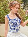 Knitted Sleeveless Top With Floral Print And Square Neckline For Teen Girls