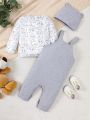 Baby Boys' Cartoon Letter Print Long Sleeve T-shirt And Overalls Set With Hat