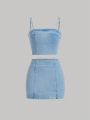 SHEIN 2pcs/Set Teen Girl Casual High Waist Slim Fit Denim Tank Top And Bodycon Skirt Outfit