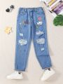 Girls' Cartoon Letter Printed Ripped Jeans