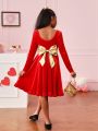 SHEIN Kids Cooltwn Girls' Glitter Street Style Solid Color Big Round Neck Long Sleeve Dress With Bowknot