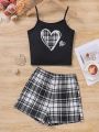SHEIN Teen Girl Knitted Heart Camisole Top And Plaid Shorts Flame Retardant Pajama Set
