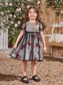 SHEIN Kids CHARMNG Little Girls' Round Neck Mesh Splice Lace Inner Layer Floral Dress With Applique Flowers