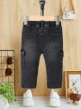 SHEIN Baby Boys' Spring Summer Casual Solid Washed Flap Pocket  Denim Cargo Jeans ,Baby Boy Summer Clothes Shorts Outfits