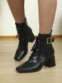 Fashionable Chunky Heel Side Zipper Buckle Strap Women's Ankle Boots