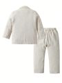 SHEIN Young Boy Gentleman 2pcs Linen Suit Set, Comfortable And Suitable For Summer Occasions Such As Birthday Parties, Holidays, Weddings, Baptisms, Etc.