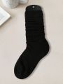 3 Pairs Black Basic Solid Color Pile Socks, Mid-calf Length