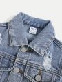 SHEIN Baby Boy Loose Fit Casual Denim Jacket With Turn-Down Collar, Distressed Detailing And Long Sleeves