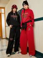 Street Sport 1pc Women's Black Athleisure Set With Letter Printed Long-Sleeve Hooded Sweatshirt And Sweatpants
