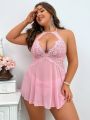 Classic Sexy Plus Size Hollow Out Lace Patchwork Mesh Halterneck Dress And Thong Sexy Lingerie Set