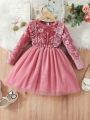 Little Girls' Casual Round Neck Long Sleeve Floral And Butterfly Printed Mesh Princess Dress For Spring And Autumn