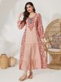 SHEIN Najma Women's Floral Printed Lantern Sleeve Arabian Dress