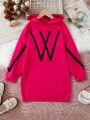 Girls' Hooded Sweater Dress With Letter Print, For Tween