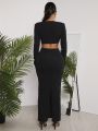 SHEIN SXY Women's Sexy Cut Out High Waist Long Midi Skirt Set, Black