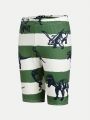 SHEIN Tween Boys' Casual Dinosaur & Stripe Print Short Sleeve Top And Shorts Knit Bodycon Home Wear 2pcs/Set