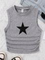 SHEIN Teen Girl Knitted Solid Color Star Pattern Pleated Tank Top For Casual Wear