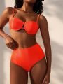 SHEIN Swim Basics Women's Solid Color Ribbed Bandeau Bikini Set With Tie Straps