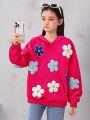 SHEIN Tween Girls' Loose Fit Vintage Floral Print Hoodie With Kangaroo Pocket