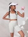 SHEIN Tween Girl Seamless Knitted Jacquard U Neck Vest Shorts Two-Piece Athletic Set