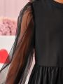 SHEIN Kids Cooltwn Girls' Fashionable Elegant Knitted Round Neck Mesh Panelled Dress