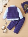 Baby Boys' Handsome Gentleman Suit With Long Sleeve Shirt, Plaid Vest, Pants, Suitable For 1 Year Old