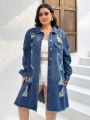 SHEIN CURVE+ Plus Size Women's Distressed Long Sleeve Denim Jacket