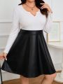 SHEIN Frenchy Plus Size Contrast Color Patchwork V-neck Long Sleeve Dress With Notched Collar