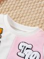 Baby Girls' Letter & Bear Pattern Contrast Color Round Neck Sweatshirt