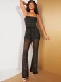 Mienne Lace Up Backless Rhinestone Detail Mesh Cami Jumpsuit