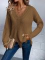 Frayed & Vintage Edge V-neck Pullover Sweater With Brushed Finish