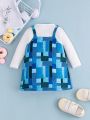 Baby Girls' Trendy Denim-like Patterned Dress With White Solid Color Inner Top