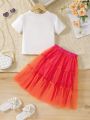 SHEIN Kids EVRYDAY Young Girl Summer Juice Printed Short Sleeve Top And Mesh Skirt Two Piece Set