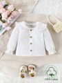 Baby Girls' 2024 New Arrival White Top With Ruffle Collar And Long Sleeves For Spring/Summer