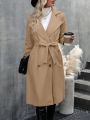 Women's Solid Color Double-breasted Trench Coat With Waist Belt