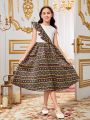 SHEIN Kids Nujoom Tween Girls' Loose Fit Casual Geometric Printed Ruffled Hem Dress