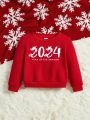 Baby Boys' Casual 2024 New Year Printed Fleece Lined Sweatshirt With Round Neck And Long Sleeves