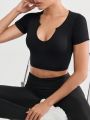 SHEIN Yoga Basic Solid Color Slim Fit Cropped Sports T-Shirt With Notched Neckline