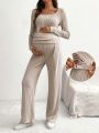 SHEIN Maternity Solid Color Ribbed Knit Two Piece Set