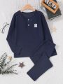 SHEIN Kids Nujoom Boys' Simple Style Blue Long Sleeve And Pants Set With Woven Label, Homewear