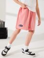 SHEIN Kids KDOMO Boys' Casual Patchwork Knitted Shorts With Letter Patched