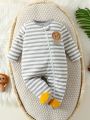 SHEIN Baby Boys' Lion Embroidered Striped Zip-Front Footed Pajamas