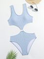 Teenage Girls' One-Piece Swimsuit With Hollow Out Design, Solid Color