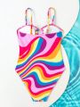 Girls' (big) Striped Cutout One-piece Swimsuit With Spaghetti Straps