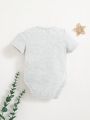 SHEIN Newborn Baby Boys' Soft Knitted Letter & Football Pattern Short Sleeve Bodysuit With Round Neckline